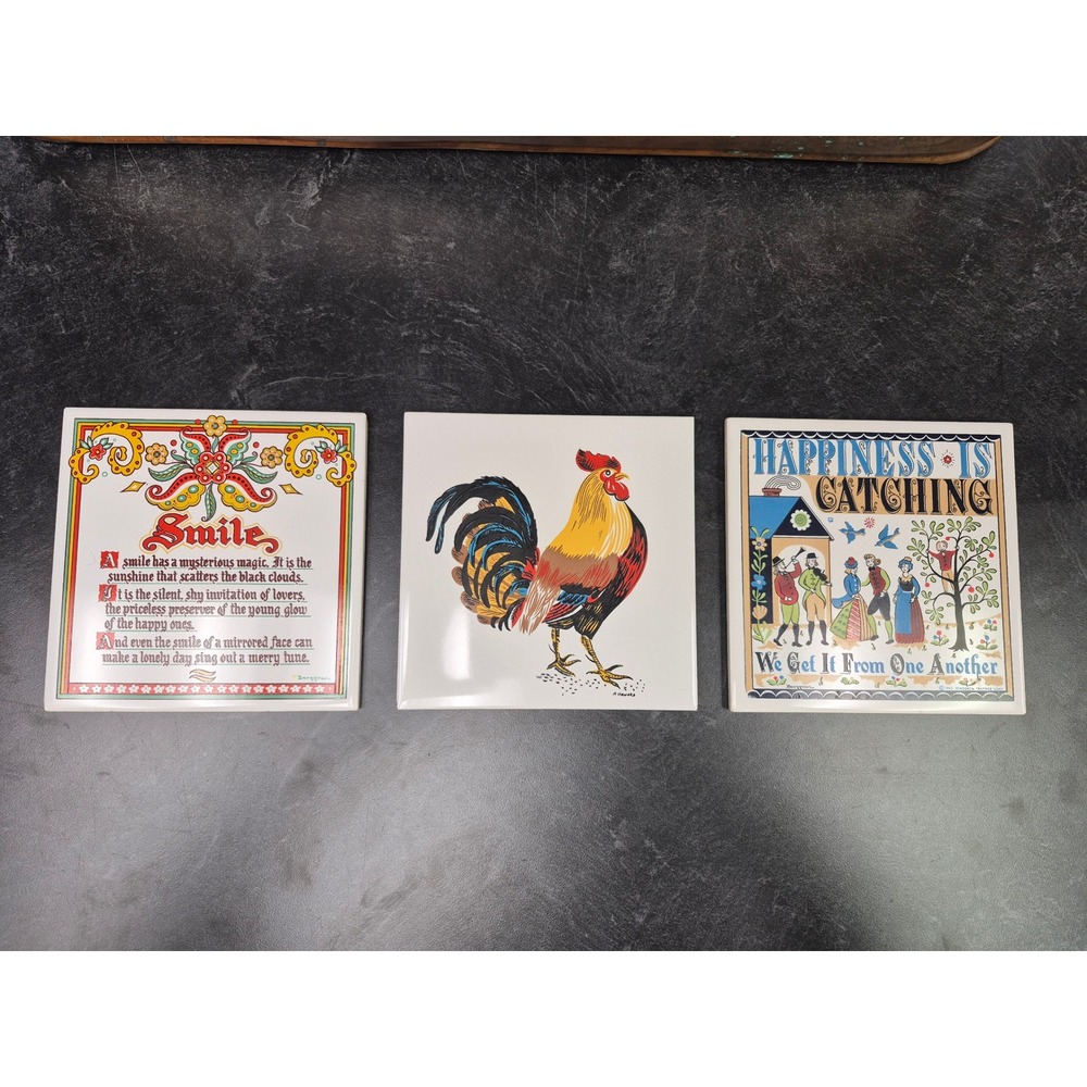 Vintage Berggren Trayner Screencraft Wall Tiles Set of 3 Rooster Folk Art 1963